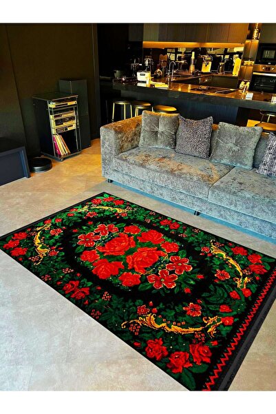 Rugs Modern Halı Karabağ Serisi Yeşil Yaprak Detaylı Kırmızı Güller Dokuma Ta...