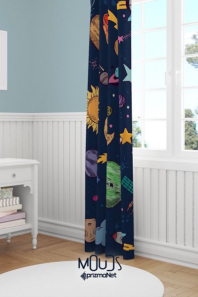 Moud's Galaxy Patterned Suede Background Curtain for Children's and Baby's Room - Digital Printed Extra-Force, Single Wing