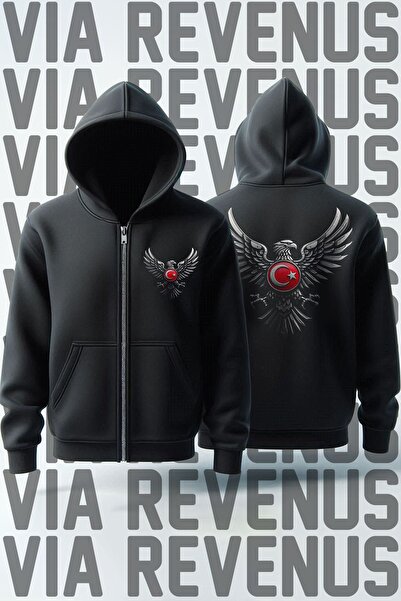 Vordevia Унісекс-светр з капюшоном і блискавкою з принтом «Місяць, зірка і орел»