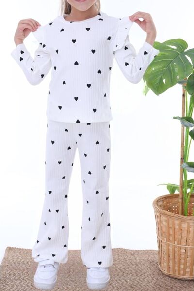 Lolliboomkids Yeni Sezon Kız Çocuk Fitilli Alt Üst Ekru Üzeri Kalp Desen Uzun Kol Pijama Takımı Fırfır Omuz