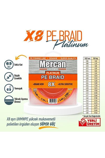 Mercan Platinum X8 Orange Rope - 150m Reel Fishing Line