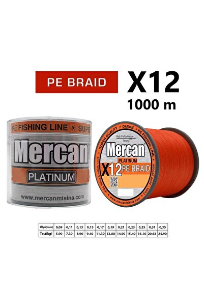 Mercan Platinum X12 Orange Rope 1000m Reel - Pe Knitted Line