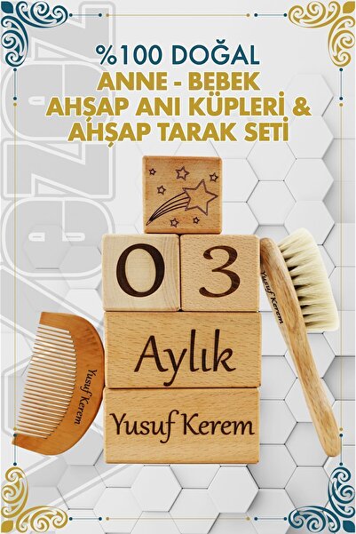 Wezez İsimli & Emojili Doğal Ahşap 5'li Anne Bebek Anı Küpü ve 2'li Keçi Kılı...