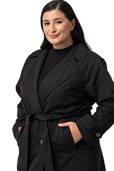 DISENTIS MODEST Büyük Beden Mono Yaka Kruvaze Kapamalı Yırtmaçlı Astarlı Uzun Siyah Trençkot