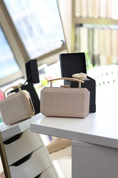 Moom Bag Suport metalic din aur roz - Geantă de seară pentru femei în dungi c...