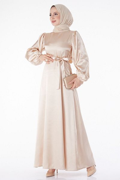 TOFİSA Beiges, schlichtes Damenkleid mit Rundhalsausschnitt und Gürtel - 13160