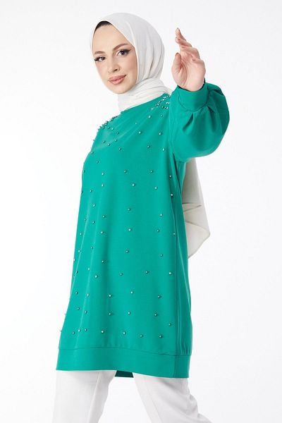 TOFİSA Green Balloon Sleeve Stone Detailed Women's Tunic - Plain Crew Neck - 24606