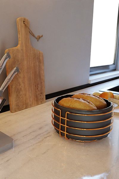 Milenay Gold Stainless Decorative Round Bread Holder, Bread Basket, Multi-Purpose Basket, Black Fabric