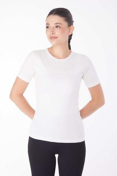 TOFİSA Ecru Women's T-shirt - Plain Crew Neck, Short Sleeve - 25768
