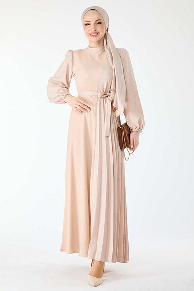 TOFİSA Beiges langärmliges Damenkleid mit Plisseedetails – gerader Kragen – 24427