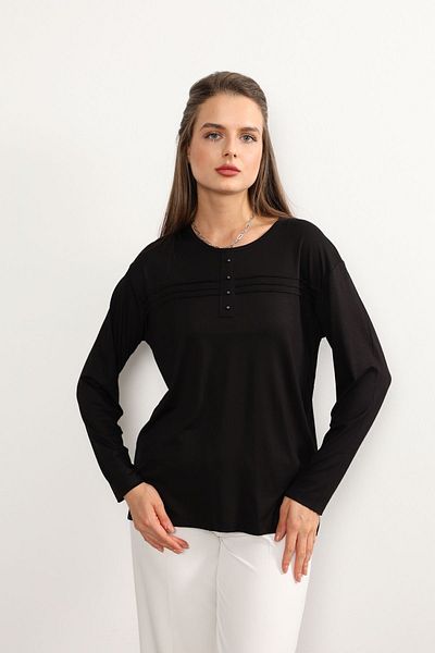 Nacar Moda Four Seasons for Middle Age and Above - Μαύρη Mother ριγέ χτενισμένη βαμβακερή μπλούζα, New Season Lycra