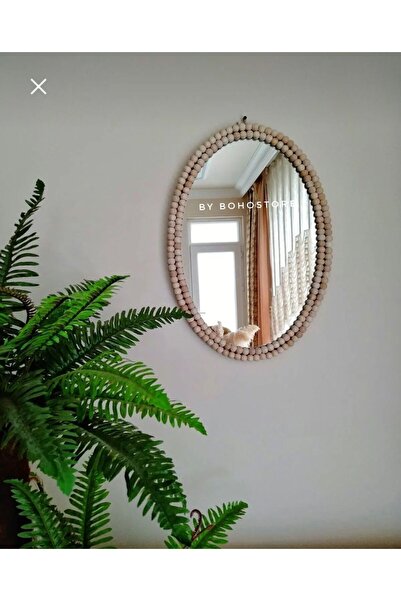 GLSTN By Bohostore Oval Ahşap Boncuk Ayna 40x30 Cm & Oval Boncuklu Ayna