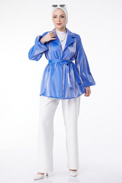 TOFİSA Blue Shiny Detailed Belted Women's Jacket - Straight Collar 24752