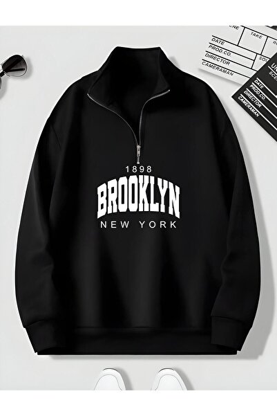 Harmandar سويت شيرت رجالي أسود مطبوع من بروكلين - رقبة عالية وسحاب نصف