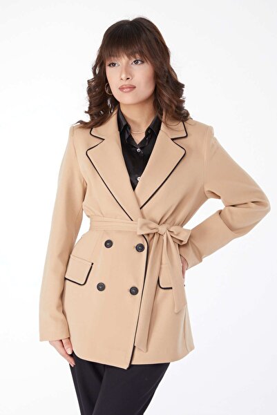 TOFİSA Plain Jacket Collar Women's Mink Belted Jacket - 25032