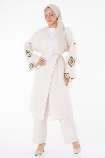 TOFİSA Khaki Color Kimono and Trousers Women's Double Suit - Straight Jacket Collar - 13193