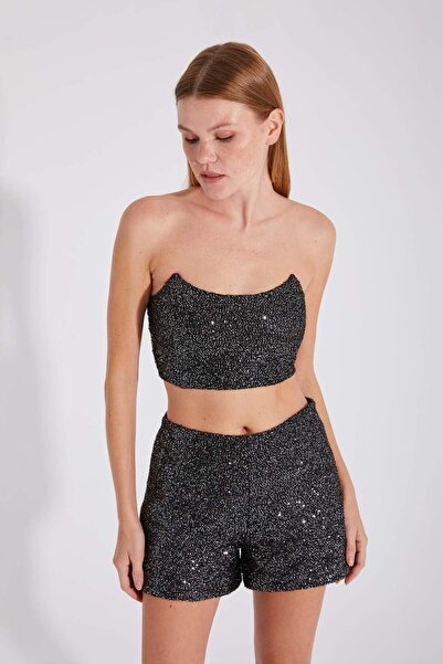ONE8 Balenli Sırtı Gipeli Pul Payetli Astarlı Lurex Kumaş Crop Büstiyer