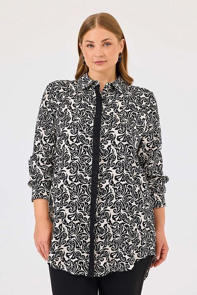 Gala-Xi Galaxi 4001 Black Patterned Tunic - Shirt Collar, Large Size