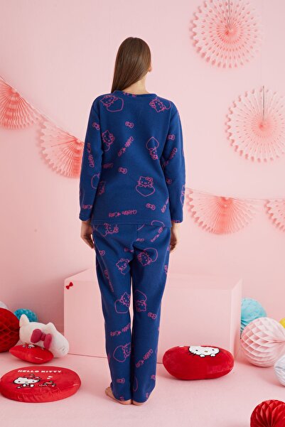 Siyah İnci Hello Kitty Lisanslı Polar Lacivert Çok Renkli Nakışlı Bisklet Yaka Pijama Takım HK331