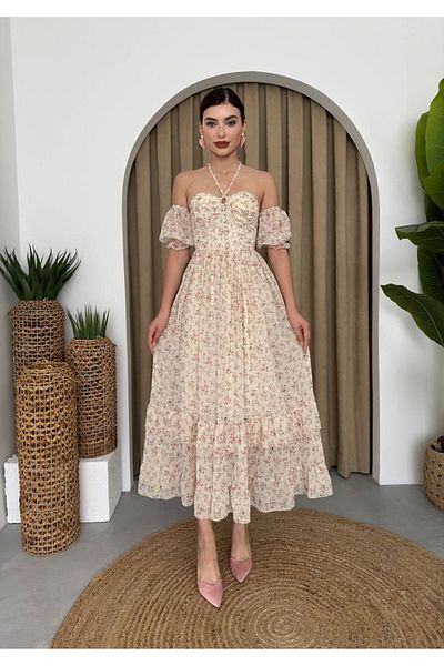 Afiş Butik Μπεζ Floral Print - Φόρεμα σιφόν με κορδόνια και φόδρα