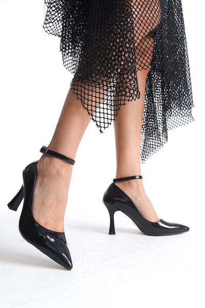 BAKGİY Pantofi cu toc subțire pentru femei din piele lăcuită neagră - BG1181-...