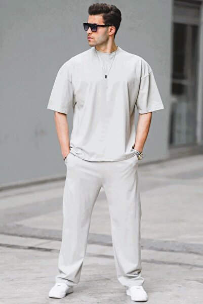 NO 601 Beige Viscose Men's T-Shirt and Sweatpants Set - Comfortable Fit