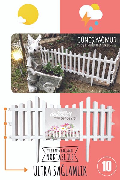Taşmatik Dekoratif Bahçe Çiti Bordür Plastik Çit 59 Cm Peyzaj Çiçek Koruma Panel Beyaz 10'lu (5.90 Mt)