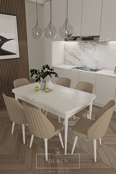 DEREN HOME Mabel Serisi, 80x132 Mutfak Ve Salon Yemek Masası Takımı 6 Adet Ca...