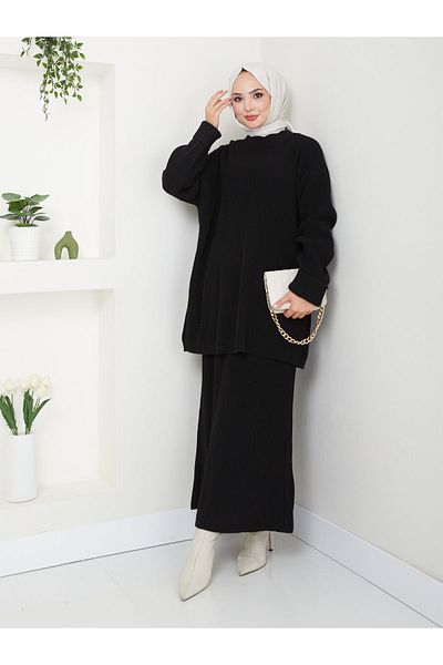 Kirazgym Plain Skirt Knitwear Set-Black