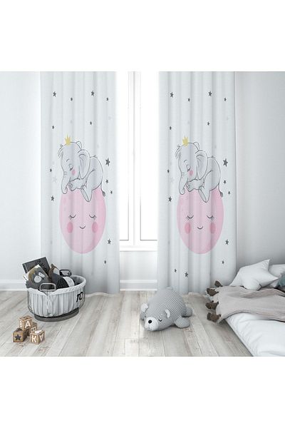 Lolla Pink White Background Curtain Sleeping Elephant - 128 Model