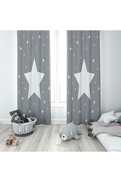 Lolla Stars Figured Gray Background Curtain 66