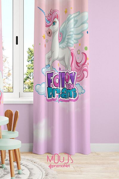 Moud's Unicorn Patterned Suede Background Curtain - Children's and Baby's Room, Digital Printed Extra String, Single Wing