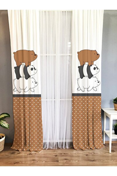 Evmila Üst Üste Ayı Desenli Bebek Ve Çocuk Odası Tek Kanat Fon Perde - Kahver...