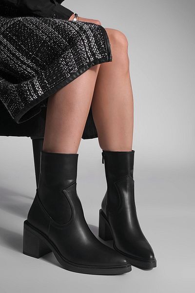 Marjin Black Women's Heeled Boots - Side Zipper and Stitching Detail