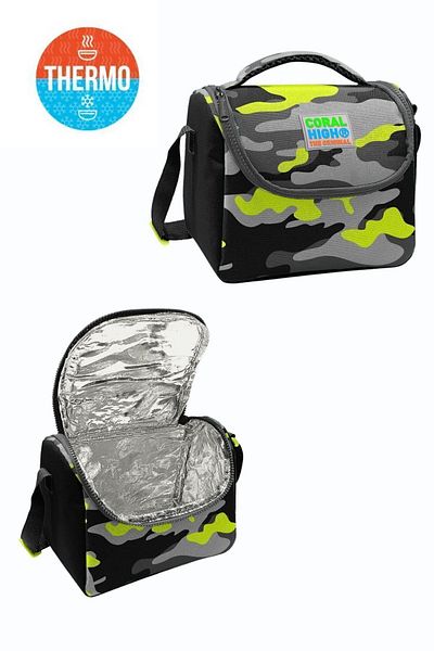 Coral High Black Gray Camouflage Pattern - Four Compartment School Backpack anD Lunchbag