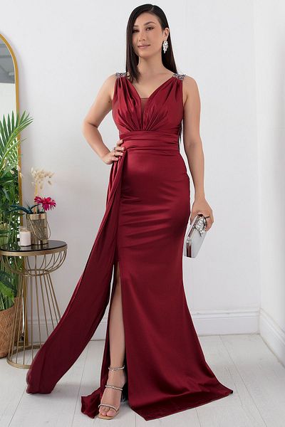 PULLIMM Rochie de umăr cu detaliu din piatră din satin - 39743