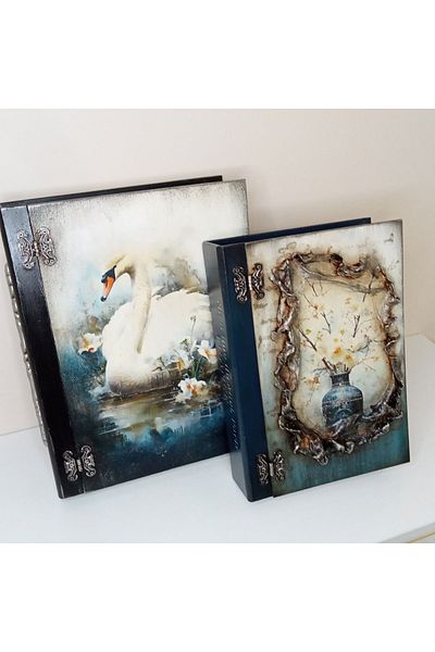 IremTasarimAtolyesi Home Decoration Large Size Book Box Set of 2 Decorative Box Wooden Accessory Hand Painting Organizer
