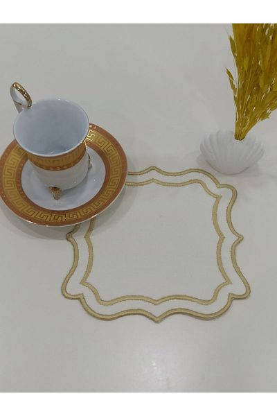 İNCİ ÇEYİZ 6 Pieces of Linen Fabric Double Wrap Brown Embroidered Coffee Side Cocktail Presentation Napkin