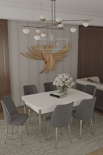 DEREN HOME Parla Gümüs Serisi 80x130 MDF Masa + 6 Adet Silinebilir Kumaş Antr...
