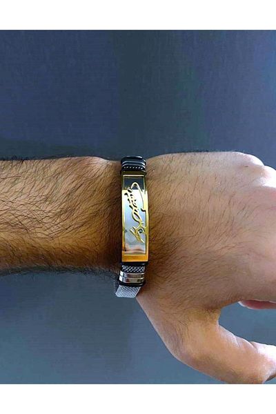 Herşey Nota Ataturk Signed Gold Men's Bracelet - Straw Cord, Stainless Steel