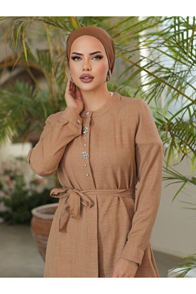 HİJABAYA Λινό μακρύ τουνίκ - Κεντημένο με πέτρα, κουμπιά μέχρι το πάτωμα και ζώνη