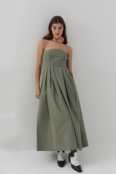 Quzu Khaki Color Strapless Long Dress - Pleat Detail