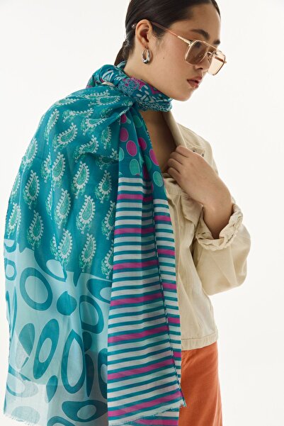 FENZA SCARF Ethnic Floral Patterned Turquoise Cotton Adalie Shawl