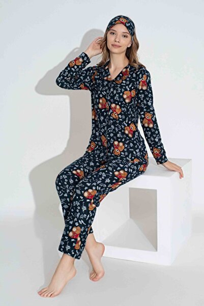 Tarık Синій з візерунком ведмедя - Комбінезон для мами і доньки з замші та оксамиту, зимовий піжамний комплект