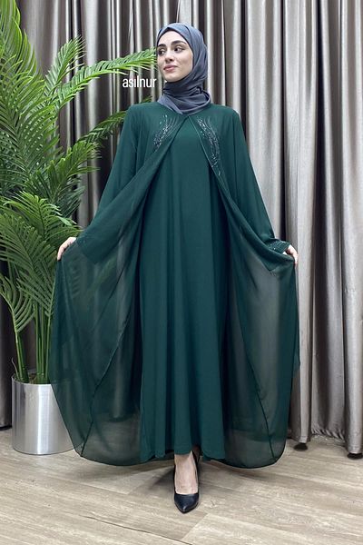 ASİLNUR Φόρεμα Emerald Green Love Chiffon με λεπτομέρεια από πέτρα