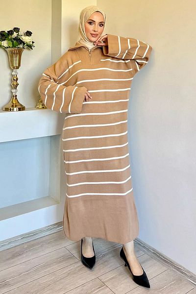 julude Ριγέ Πλεκτό Φόρεμα Hijab - Μπισκότο με φερμουάρ μπροστά
