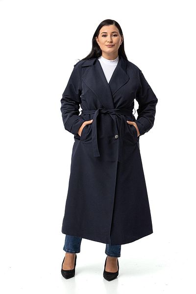 DISENTIS MODEST Navy Blue Long Trench Coat - Plus Size, Mono Collar, Double Breasted Closure and Slit Lining
