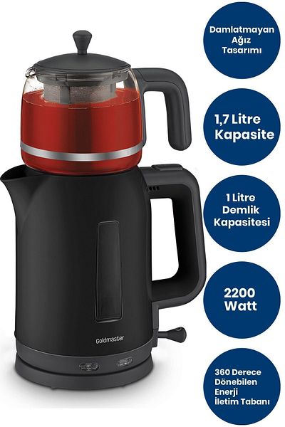 GOLDMASTER Papatya Black 2200 Watt Tea Maker and Kettle with Glass Teapot