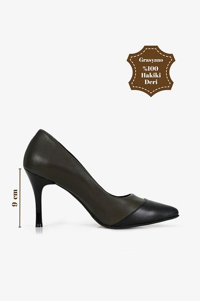 Grasyano 100% Genuine Leather Black and Dark Green Simple Stylish Comfort Leather with Steel Bar 10.5 Cm Stiletto
