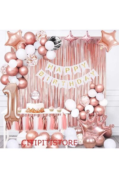 DÜVENCİ TİCARET Rose Gold Kral Taçlı 1 Yaş Doğum Günü Balon Seti